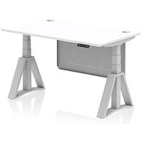 Air Modesty 1400mm Height Adjustable Cable Port Desk, Silver Leg with Piste Foot and Modesty Panel, White