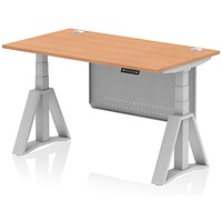 Air Modesty 1400mm Height Adjustable Cable Port Desk, Silver Leg with Piste Foot and Modesty Panel, Oak