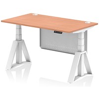 Air Modesty 1400mm Height Adjustable Cable Port Desk, White Leg with Piste Foot and Modesty Panel, Beech