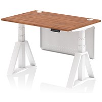 Air Modesty 1200mm Height Adjustable Cable Port Desk, White Leg with Piste Foot and Modesty Panel, Walnut Air Modesty 1200mm Height Adjustable Cable Port Desk, White Leg with Piste Foot and Modesty Panel, Walnut
