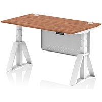 Air Modesty 1400mm Height Adjustable Cable Port Desk, White Leg with Piste Foot and Modesty Panel, Walnut