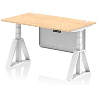 Air Modesty 1400mm Height Adjustable Cable Port Desk, White Leg with Piste Foot and Modesty Panel, Maple