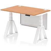 Air Modesty 1200mm Height Adjustable Cable Port Desk, White Leg with Piste Foot and Modesty Panel, Oak