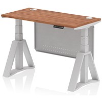 Air Modesty 1200mm Slim Height Adjustable Cable Ports Desk, Silver Leg and Modesty Panel, Walnut Air Modesty 1200mm Slim Height Adjustable Cable Ports Desk, Silver Leg and Modesty Panel, Walnut