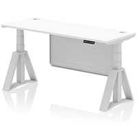 Air Modesty 1600mm Slim Height Adjustable Cable Ports Desk, Silver Leg and Modesty Panel, White