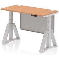 Air Modesty 1200mm Slim Height Adjustable Cable Ports Desk, Silver Leg and Modesty Panel, Oak