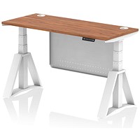 Air Modesty 1400mm Slim Height Adjustable Cable Ports Desk, White Leg and Modesty Panel, Walnut