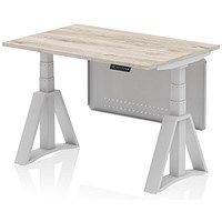 Air Modesty 1200mm Height Adjustable Desk, Silver Leg with Piste Foot and Modesty Panel, Grey Oak