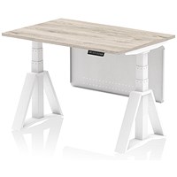 Air Modesty 1200mm Height Adjustable Desk, White Leg with Piste Foot and Modesty Panel, Grey Oak