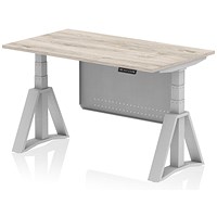 Air Modesty 1400mm Height Adjustable Desk, Silver Leg with Piste Foot and Modesty Panel, Grey Oak