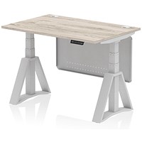 Air Modesty 1200mm Height Adjustable Cable Port Desk, Silver Leg with Piste Foot and Modesty Panel, Grey Oak