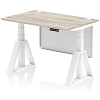 Air Modesty 1200mm Height Adjustable Cable Port Desk, White Leg with Piste Foot and Modesty Panel, Grey Oak