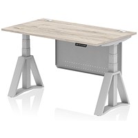 Air Modesty 1400mm Height Adjustable Cable Port Desk, Silver Leg with Piste Foot and Modesty Panel, Grey Oak Air Modesty 1400mm Height Adjustable Cable Port Desk, Silver Leg with Piste Foot and Modesty Panel, Grey Oak