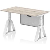 Air Modesty 1400mm Height Adjustable Cable Port Desk, White Leg with Piste Foot and Modesty Panel, Grey Oak