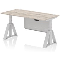 Air Modesty 1600mm Height Adjustable Cable Ports Desk, Silver Leg and Modesty Panel, Grey Oak