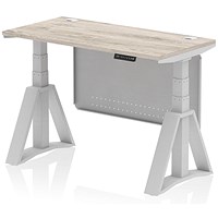 Air Modesty 1200mm Slim Height Adjustable Cable Ports Desk, Silver Leg and Modesty Panel, Grey Oak