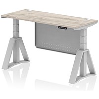 Air Modesty 1400mm Slim Height Adjustable Cable Ports Desk, Silver Leg and Modesty Panel, Grey Oak Air Modesty 1400mm Slim Height Adjustable Cable Ports Desk, Silver Leg and Modesty Panel, Grey Oak