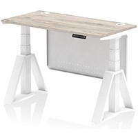 Air Modesty 1200mm Slim Height Adjustable Cable Ports Desk, White Leg and Modesty Panel, Grey Oak