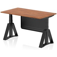 Air Modesty 1400mm Height Adjustable Desk, Black Leg with Piste Foot and Modesty Panel, Walnut