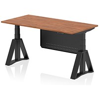 Air Modesty 1600mm Height Adjustable Desk, Black Leg with Piste Foot and Modesty Panel, Walnut