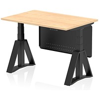 Air Modesty 1200mm Height Adjustable Desk, Black Leg with Piste Foot and Modesty Panel, Maple