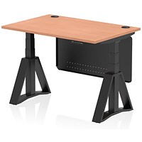 Air Modesty 1200mm Height Adjustable Cable Port Desk, Black Leg with Piste Foot and Modesty Panel, Beech