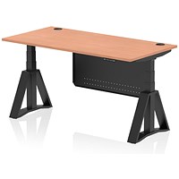Air Modesty 1600mm Height Adjustable Cable Ports Desk, Black Leg and Modesty Panel, Beech