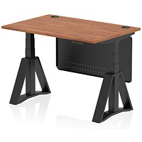 Air Modesty 1200mm Height Adjustable Cable Port Desk, Black Leg with Piste Foot and Modesty Panel, Walnut