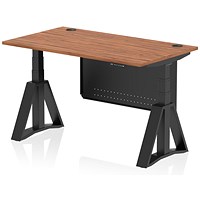 Air Modesty 1400mm Height Adjustable Cable Port Desk, Black Leg with Piste Foot and Modesty Panel, Walnut