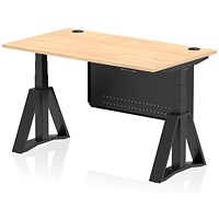 Air Modesty 1400mm Height Adjustable Cable Port Desk, Black Leg with Piste Foot and Modesty Panel, Maple