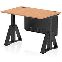 Air Modesty 1200mm Height Adjustable Cable Port Desk, Black Leg with Piste Foot and Modesty Panel, Oak