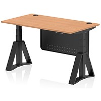 Air Modesty 1400mm Height Adjustable Cable Port Desk, Black Leg with Piste Foot and Modesty Panel, Oak