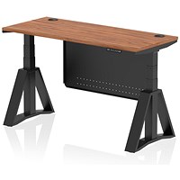 Air Modesty 1400mm Slim Height Adjustable Cable Ports Desk, Black Leg and Modesty Panel, Walnut