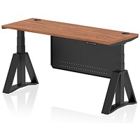 Air Modesty 1600mm Slim Height Adjustable Cable Ports Desk, Black Leg and Modesty Panel, Walnut