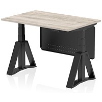 Air Modesty 1200mm Height Adjustable Desk, Black Leg with Piste Foot and Modesty Panel, Grey Oak