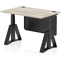 Air Modesty 1200mm Height Adjustable Cable Port Desk, Black Leg with Piste Foot and Modesty Panel, Grey Oak Air Modesty 1200mm Height Adjustable Cable Port Desk, Black Leg with Piste Foot and Modesty Panel, Grey Oak