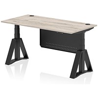 Air Modesty 1600mm Height Adjustable Cable Ports Desk, Black Leg and Modesty Panel, Grey Oak