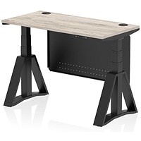 Air Modesty 1200mm Slim Height Adjustable Cable Ports Desk, Black Leg and Modesty Panel, Grey Oak