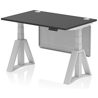 Air Modesty 1200mm Height Adjustable Cable Port Desk, Silver Leg with Piste Foot and Modesty Panel, Black