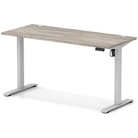 Air Lite 1400mm Slim Height Adjustable Office Desk, Silver Leg, Grey Oak