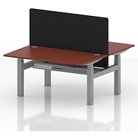 Air 2 Person Sit-Standing Bench Desk with Black Straight Screen, Back to Back, 2 x 1400mm (800mm Deep), Silver Frame, Brick Red