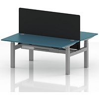 Air 2 Person Sit-Standing Bench Desk with Black Straight Screen, Back to Back, 2 x 1600mm (800mm Deep), Silver Frame, Dark Teal