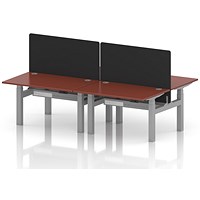 Air 4 Person Sit-Standing Bench Desk with Black Straight Screen, Back to Back, 4 x 1200mm (800mm Deep), Silver Frame, Brick Red