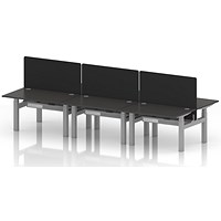 Air 6 Person Sit-Standing Bench Desk with Black Straight Screen, Back to Back, 6 x 1200mm (800mm Deep), Silver Frame, Carbon Grey
