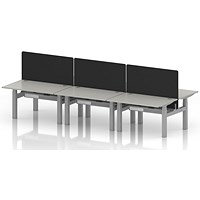 Air 6 Person Sit-Standing Bench Desk with Black Straight Screen, Back to Back, 6 x 1200mm (800mm Deep), Silver Frame, Dove Grey