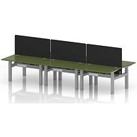 Air 6 Person Sit-Standing Bench Desk with Black Straight Screen, Back to Back, 6 x 1200mm (800mm Deep), Silver Frame, Moss Green