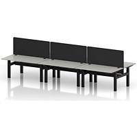 Air 6 Person Sit-Standing Bench Desk with Black Straight Screen, Back to Back, 6 x 1400mm (800mm Deep), Black Frame, Dove Grey