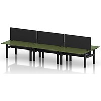 Air 6 Person Sit-Standing Bench Desk with Black Straight Screen, Back to Back, 6 x 1400mm (800mm Deep), Black Frame, Moss Green