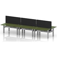 Air 6 Person Sit-Standing Bench Desk with Black Straight Screen, Back to Back, 6 x 1400mm (800mm Deep), Silver Frame, Moss Green