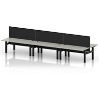 Air 6 Person Sit-Standing Bench Desk with Black Straight Screen, Back to Back, 6 x 1600mm (800mm Deep), Black Frame, Dove Grey